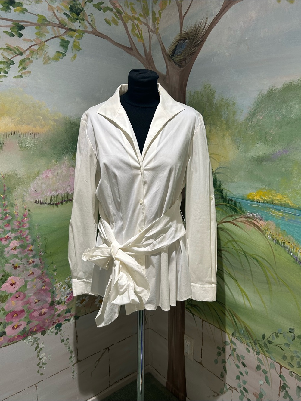 Vintage Lafayette 148 New York White Pleated Wrap Tie Waist Button-Down Shirt - Picture 8 of 10